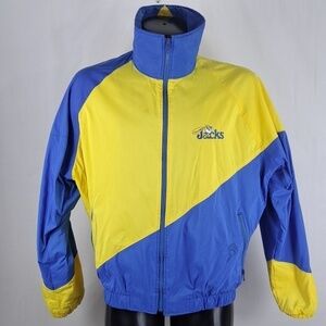 Vintage Jammin embroidered skydiving blue & yellow lined Men's Med bomber jacket